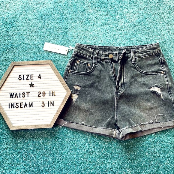 Embroidered High Waisted Black Jean Shorts - Picture 2 of 3